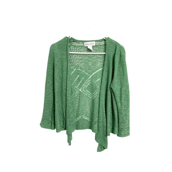 Fashion Avenue Sweaters - Green Knit Crochet Open Front 3/4 Sleeve Cardigan Size Small Boho Cottagecore